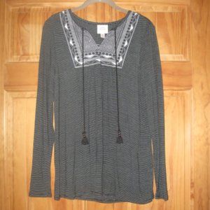 Knox Rose Black with White Stripes Long Sleeve Blouse